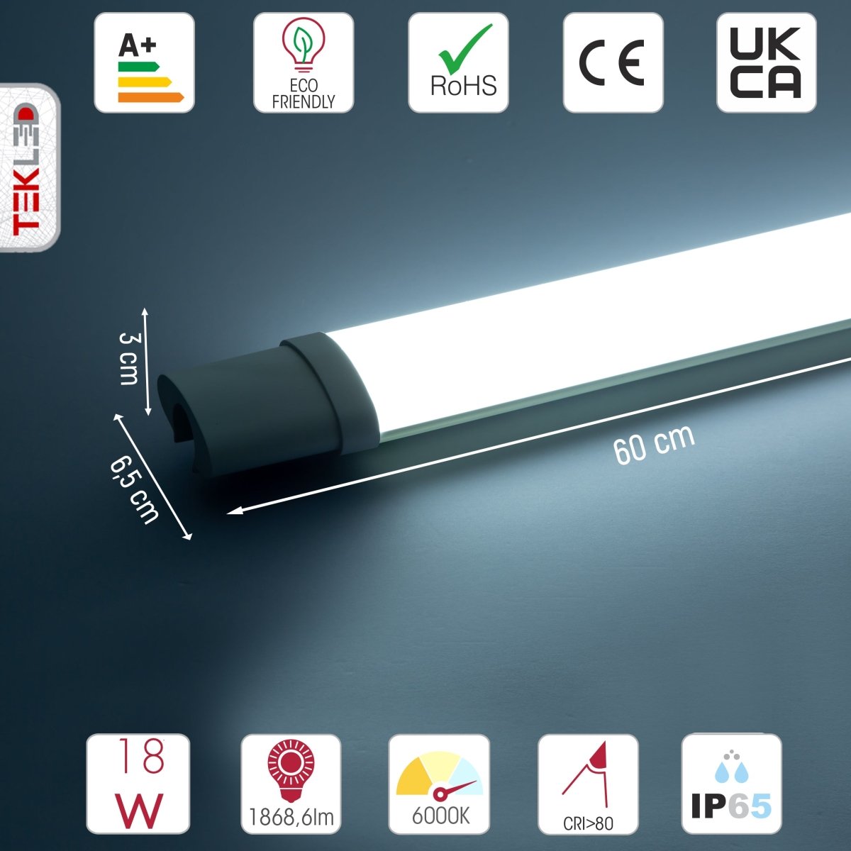 Technical specs and measurements for LED Tri-proof Slim Batten Linear Fitting 18W 6500K Cool Daylight IP65 60cm 2ft