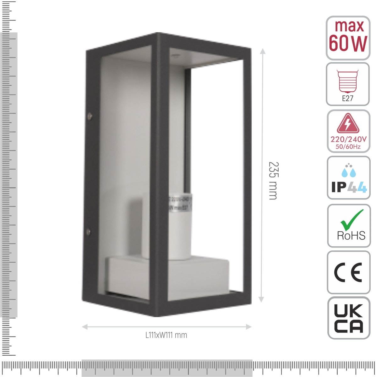 Technical specifications and measurements for Modern Lantern Cuboid Wall Lamp Upward Base Grey&White Clear Glass E27