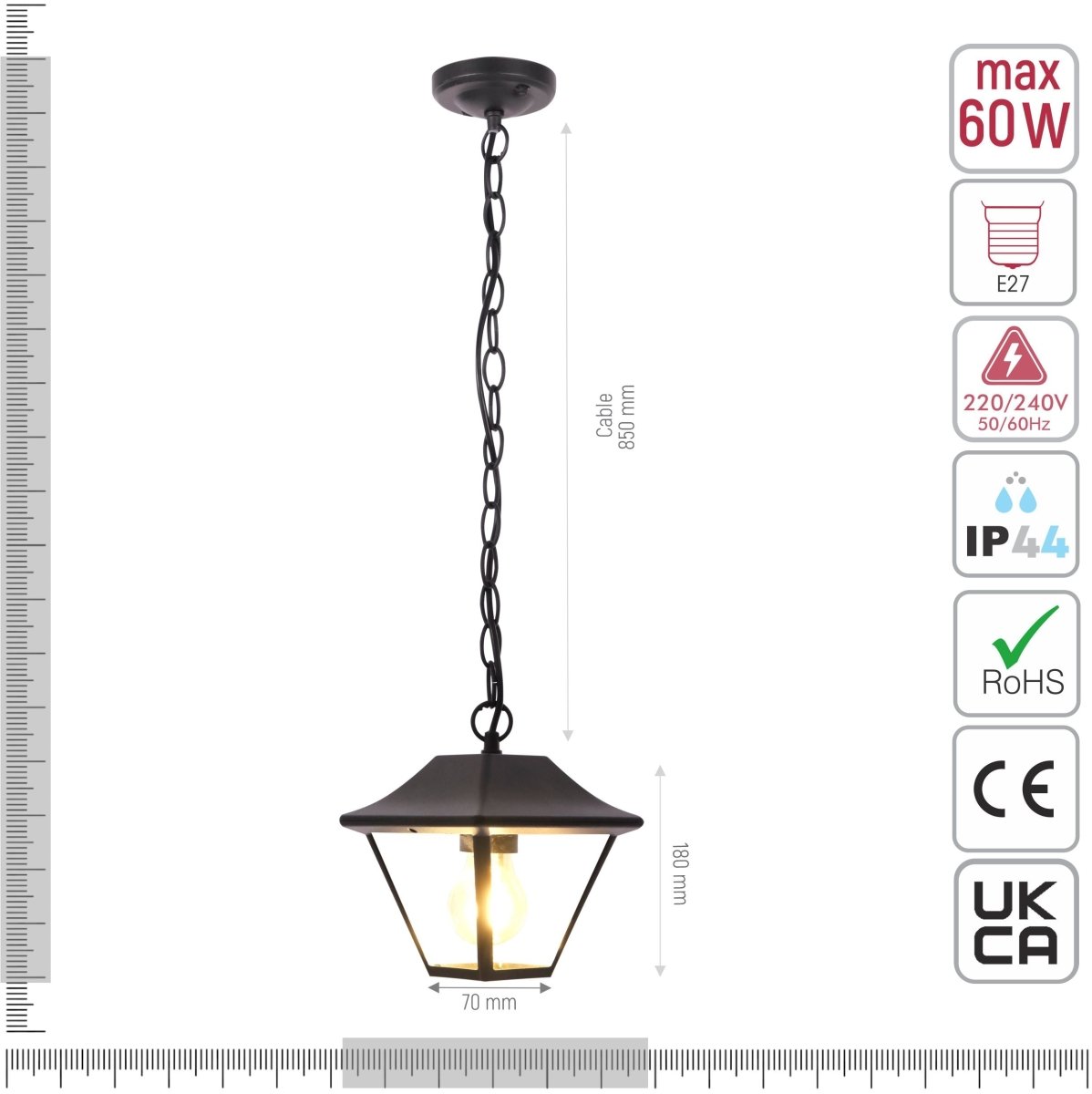 Technical specifications and measurements for Pendant Ceiling Lamp Matt Black Clear Glass E27