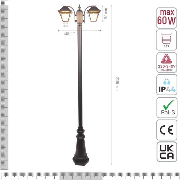 Technical specifications and measurements for Post Top Lamp Matt Black Clear Glass 2XE27 2.3M