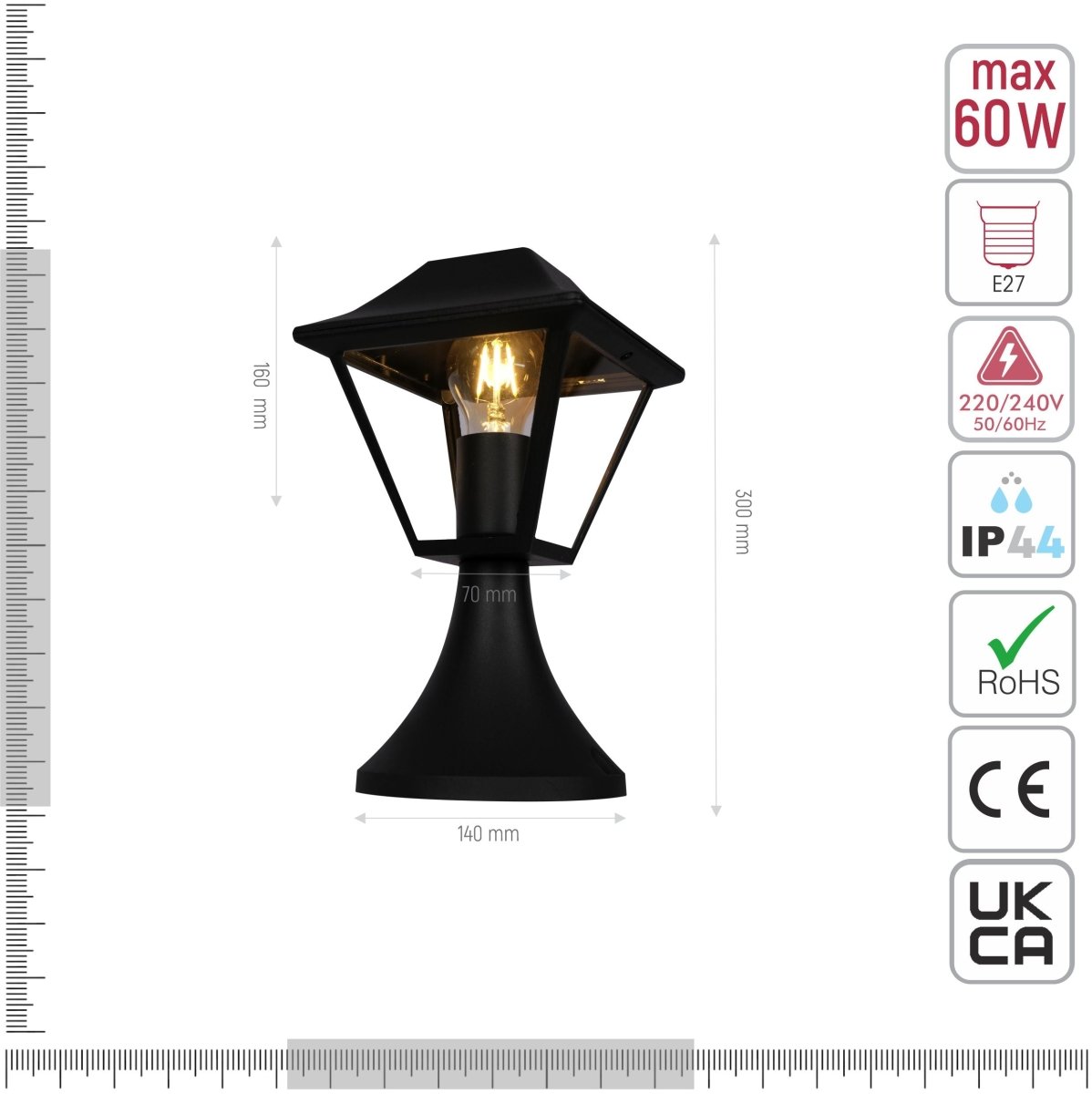 Technical specifications and measurements for Stand Lamp Matt Black Clear Glass E27