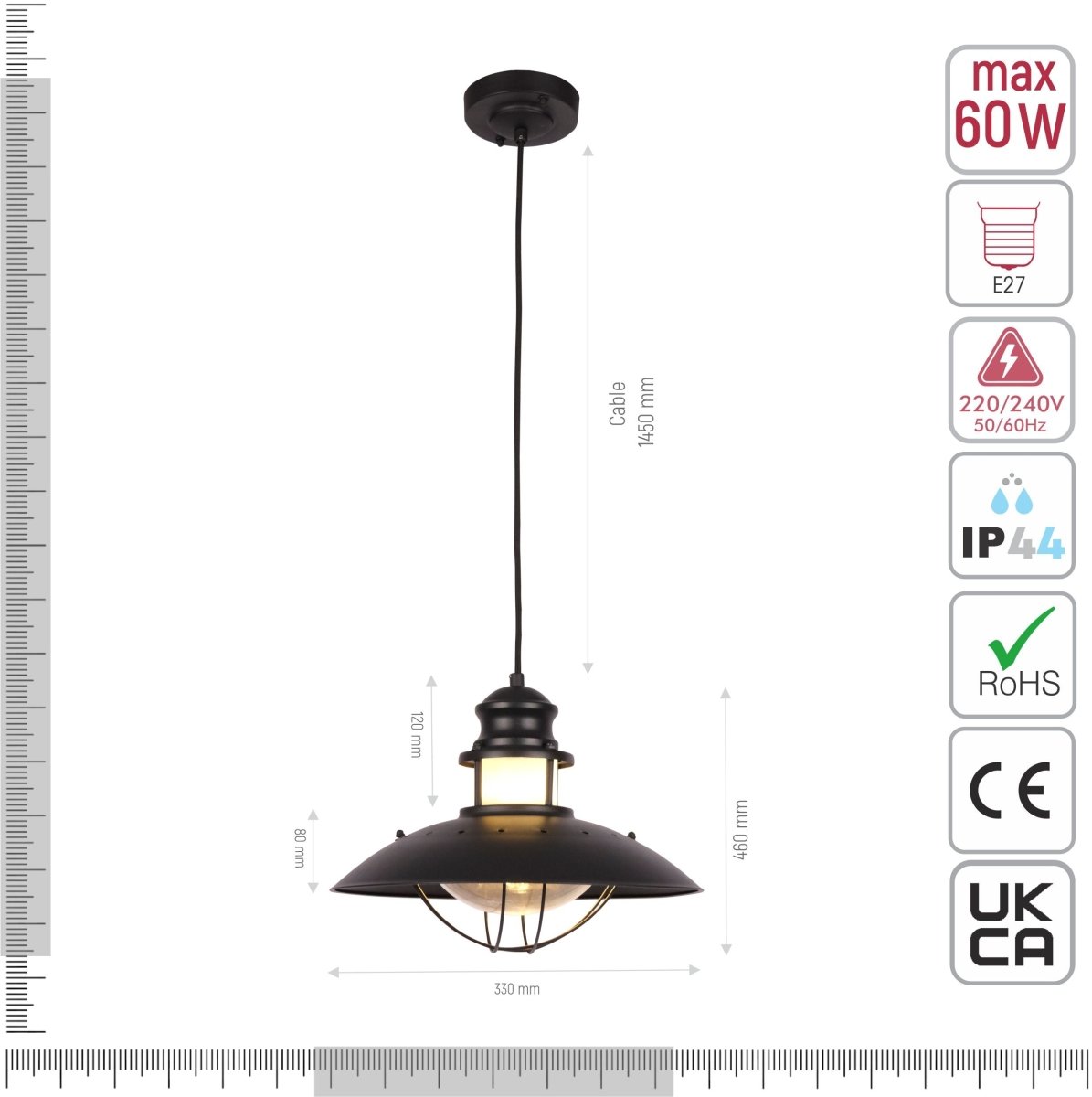 Technical specifications and measurements for Sunflower Pendant Ceiling Lamp Matt Black Clear Glass E27