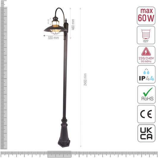 Technical specifications and measurements for Sunflower Post Top Lamp Matt Black Clear Glass E27 2.45M