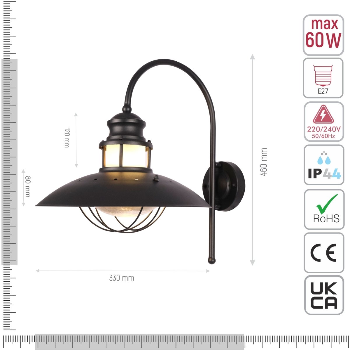Technical specifications and measurements for Sunflower Wall Lamp Matt Black Clear Glass E27