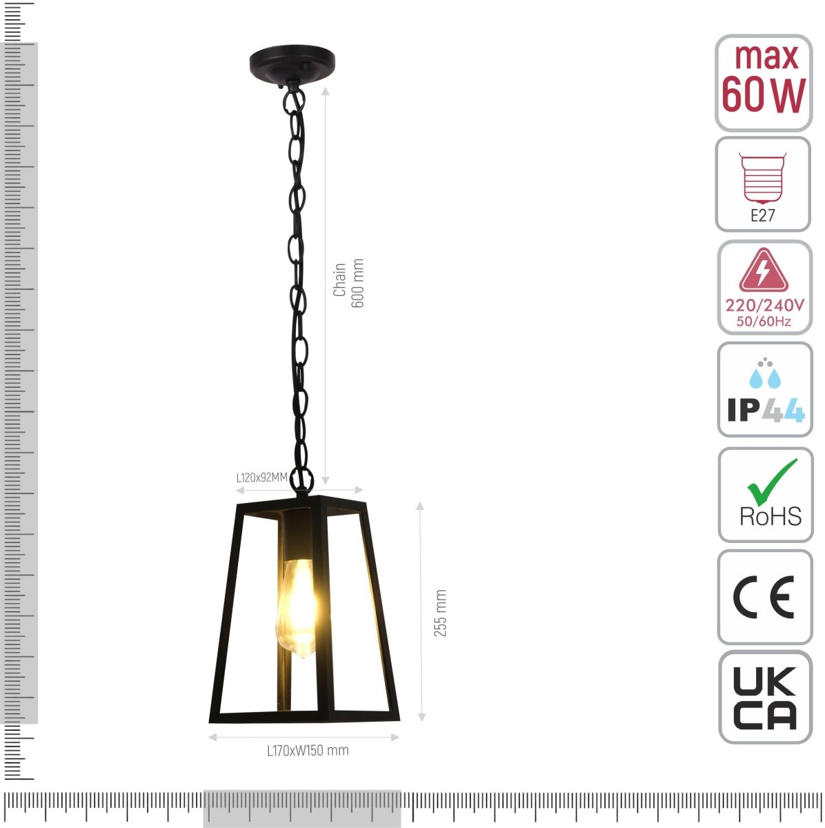 Technical specifications and measurements for Trapezoidal Pendant Ceiling Lamp Matt Black Clear Glass E27
