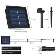 Contents and dimensions of Canopus Solar 200 LEDs 22m Warm White LED String Light