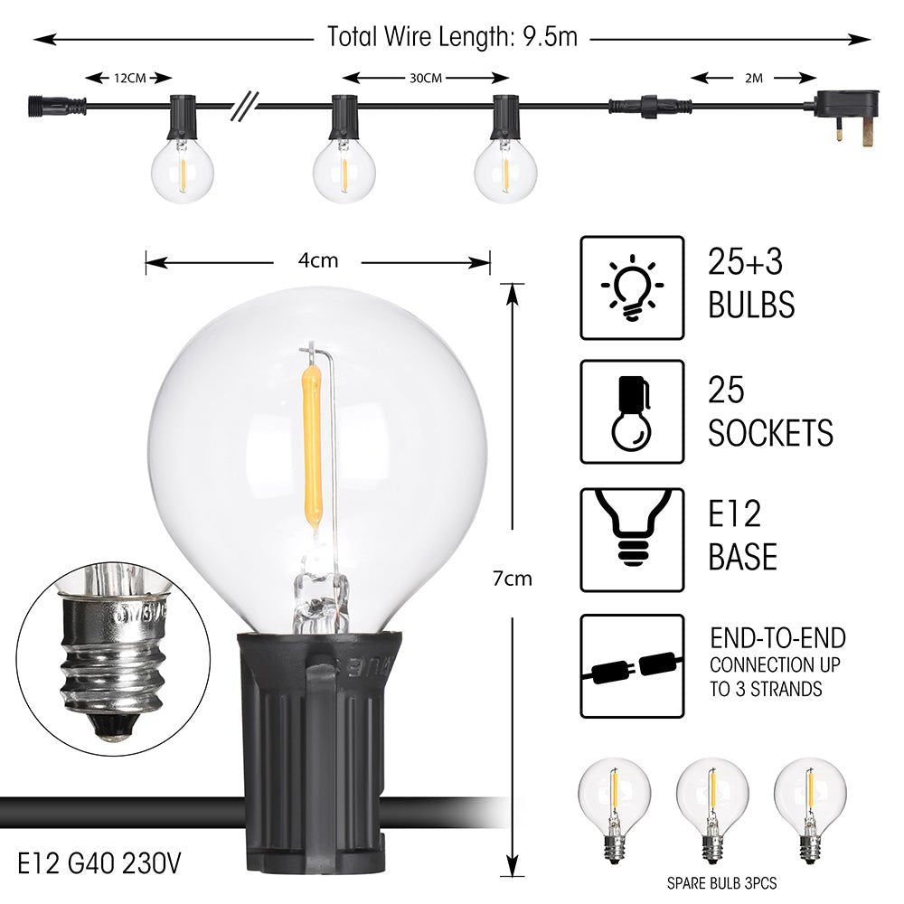 Dimensions and features of Castor LED Bulb String 25pcs Globe G40 95m Weatherproof Festoon Light