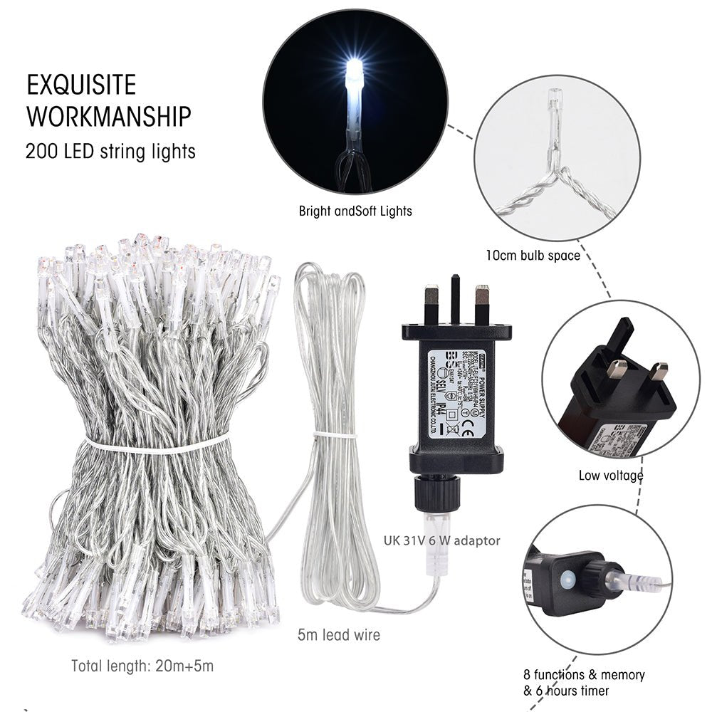 Close up and dimensions of Crater LED String Light 200 LEDs 25m with Power Adaptor Cool White LED String Light
