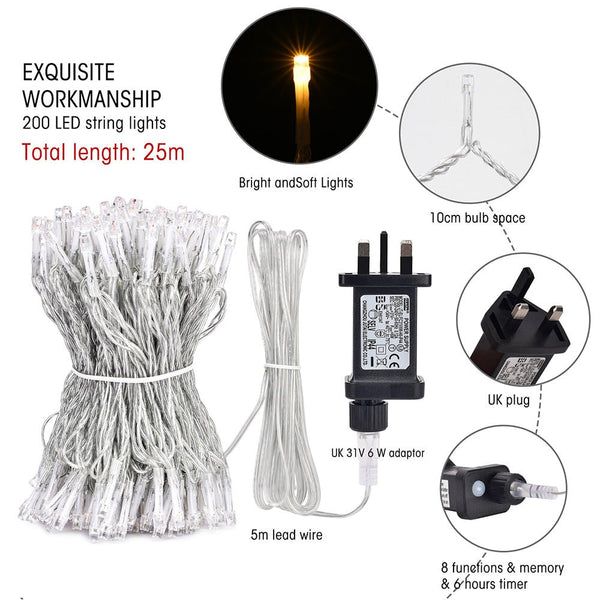 Contents and dimensions of Crater LED String Light 200 LEDs 25m with Power Adaptor Warm White LED String Light