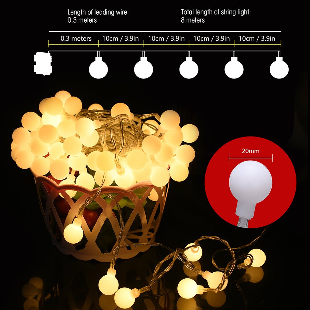 Close up and dimensions of Felis LED Globe 80 LEDs 8m with Battery Pack & Remote Control Warm White LED String Light
