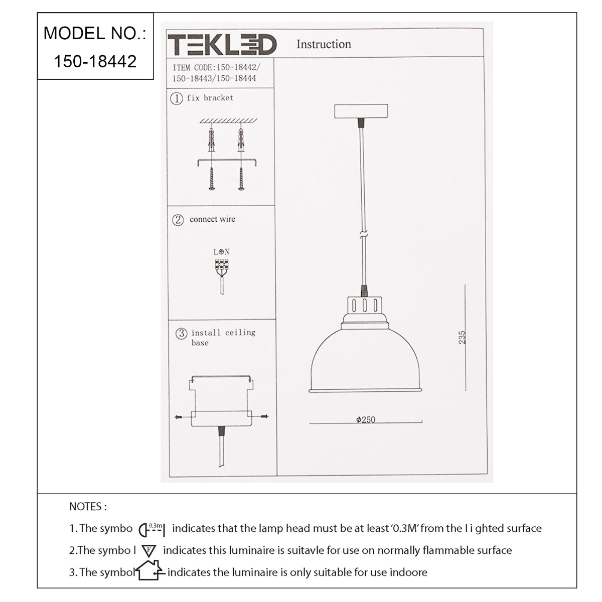 Technical specs of Timeless Classic Dome Pendant Light 150-18442
