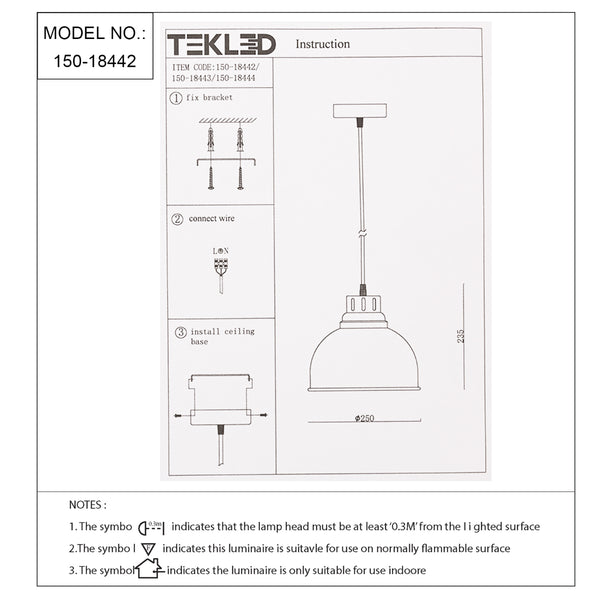 Technical specs of Timeless Classic Dome Pendant Light 150-18442