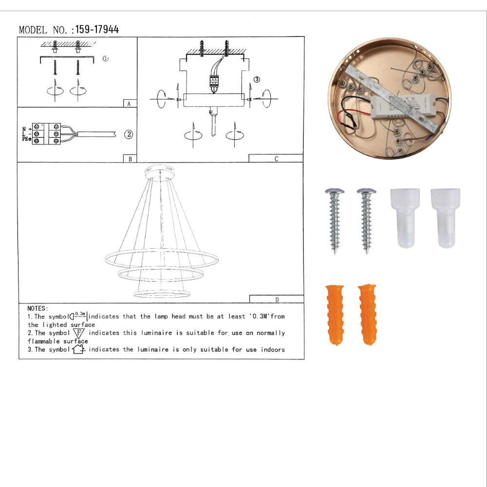 User manual for Tri-Ring Customizable LED Chandelier | Modern Elegance Ceiling Light | Versatile Design Options | TEKLED 159-17944