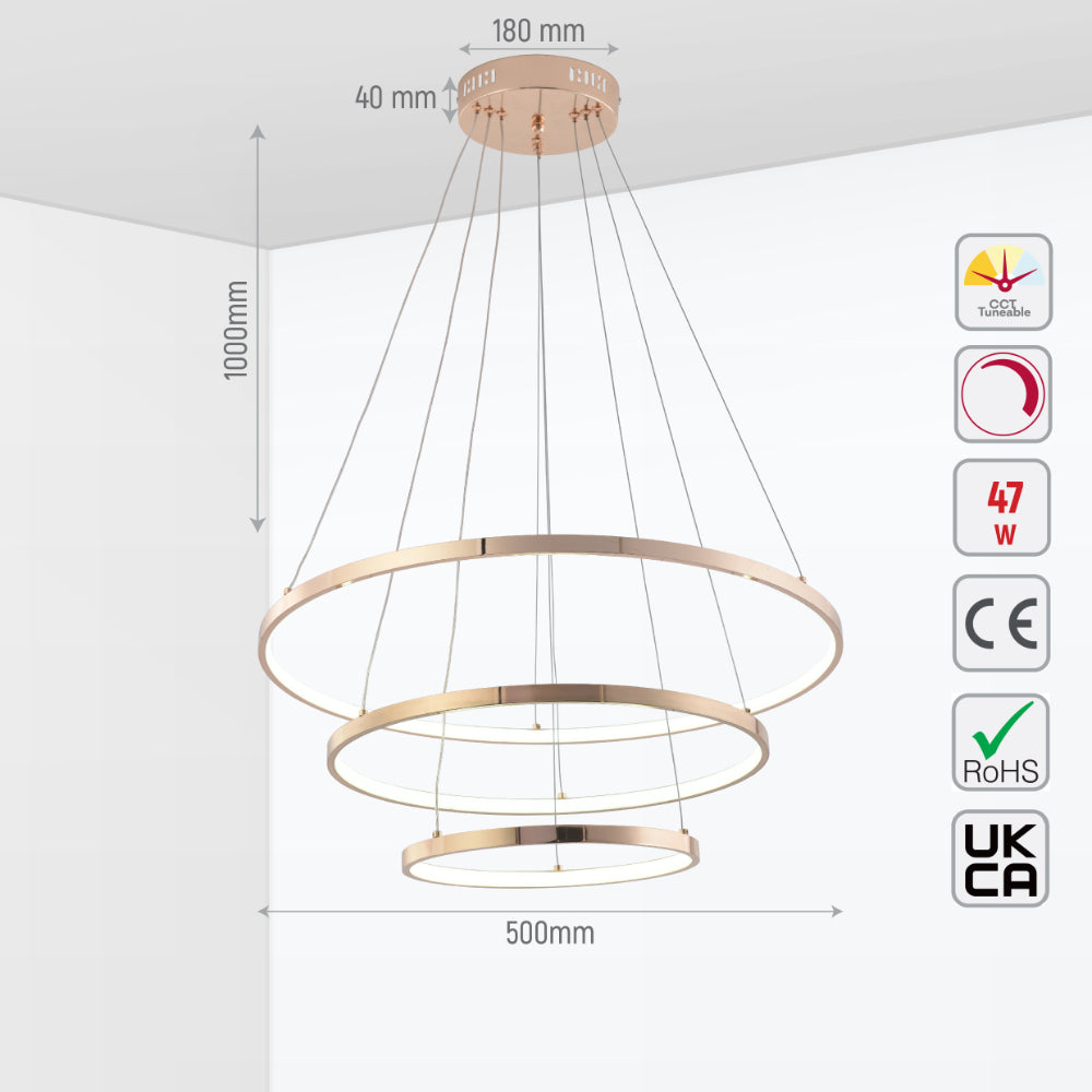 Size and tech specs of Tri-Ring Customizable LED Chandelier | Modern Elegance Ceiling Light | Versatile Design Options | TEKLED 159-17942