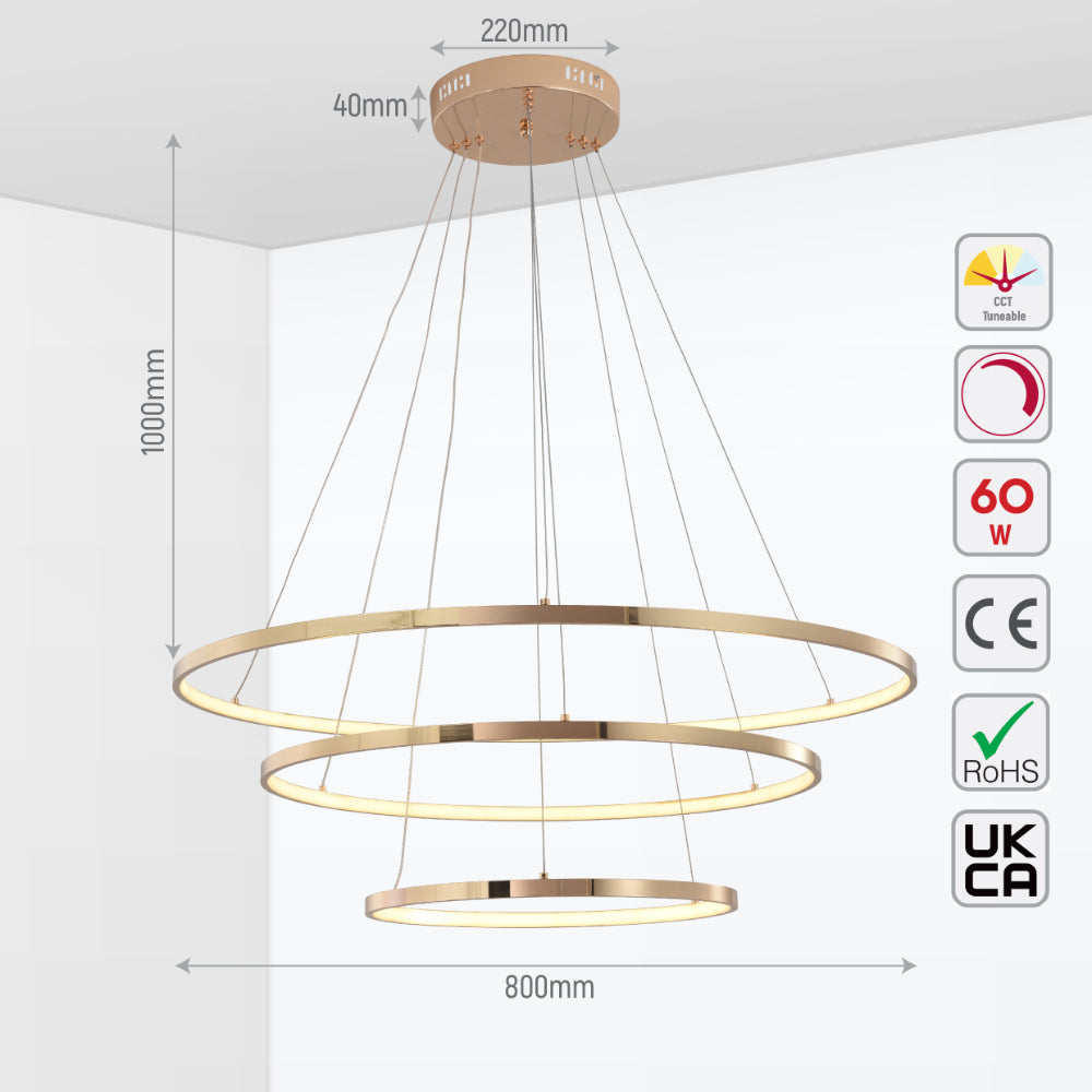 Size and tech specs of Tri-Ring Customizable LED Chandelier | Modern Elegance Ceiling Light | Versatile Design Options | TEKLED 159-17944