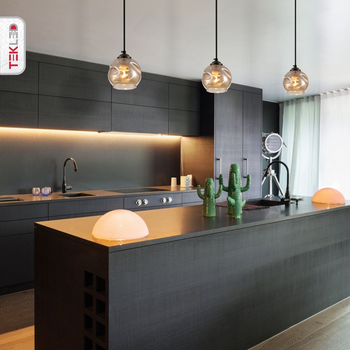 Amber Glass Dome Antique Brass Metal Pendant Light E27 in indoor setting kitchen island top
