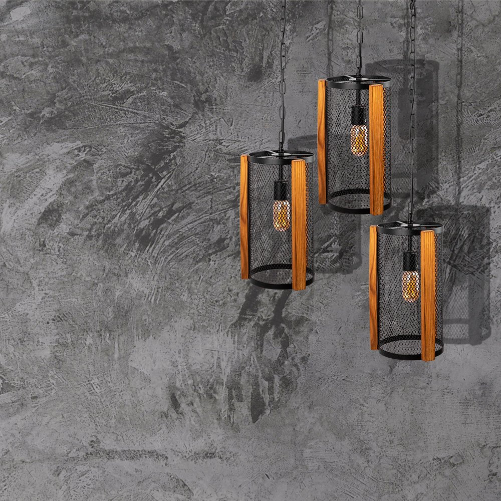 Black metal wood cylinder pendant light with e27 fitting in indoor setting