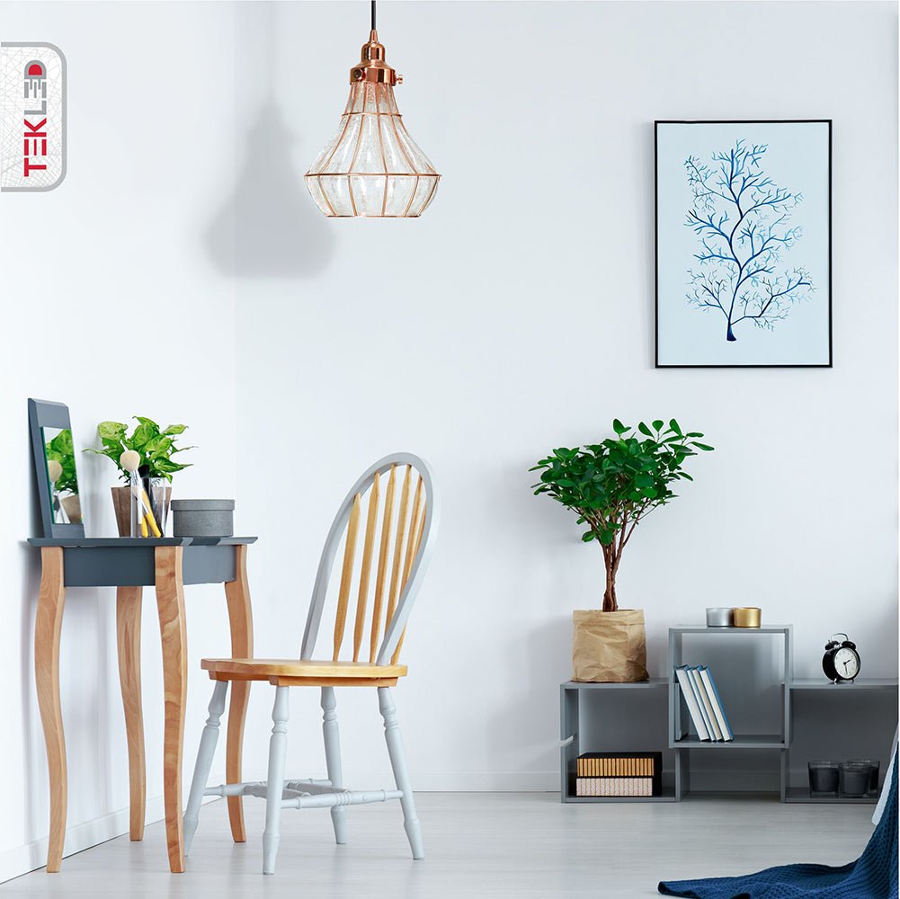 Caged copper metal clear glass step pendant light with e27 fitting in reading room living room