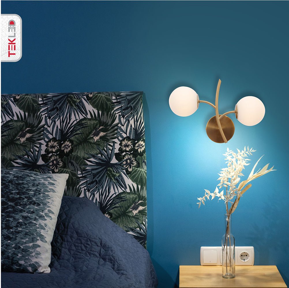 Gold Aluminium Bronze Metal Opal Glass Globe Wall Light with 2xG9 Fitting in indoor setting bedroom