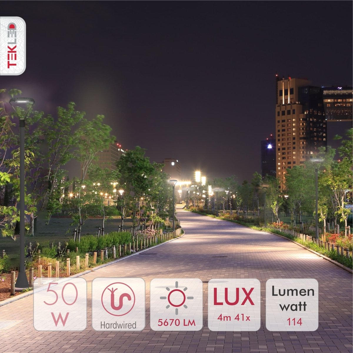 Led Ataman Lamp Post Top Light 50W 4000K Cool White Ip65 Grey in outdoor setting with tech specs