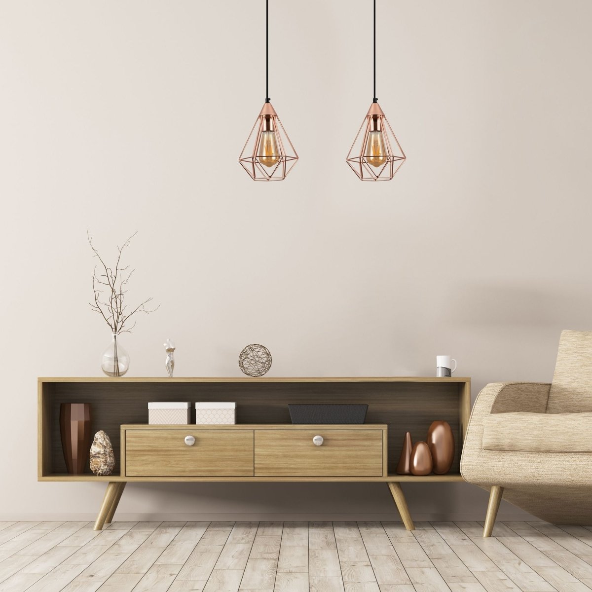 Rose gold metal cage pendant light s with e27 fitting in indoor setting living reading room dining room