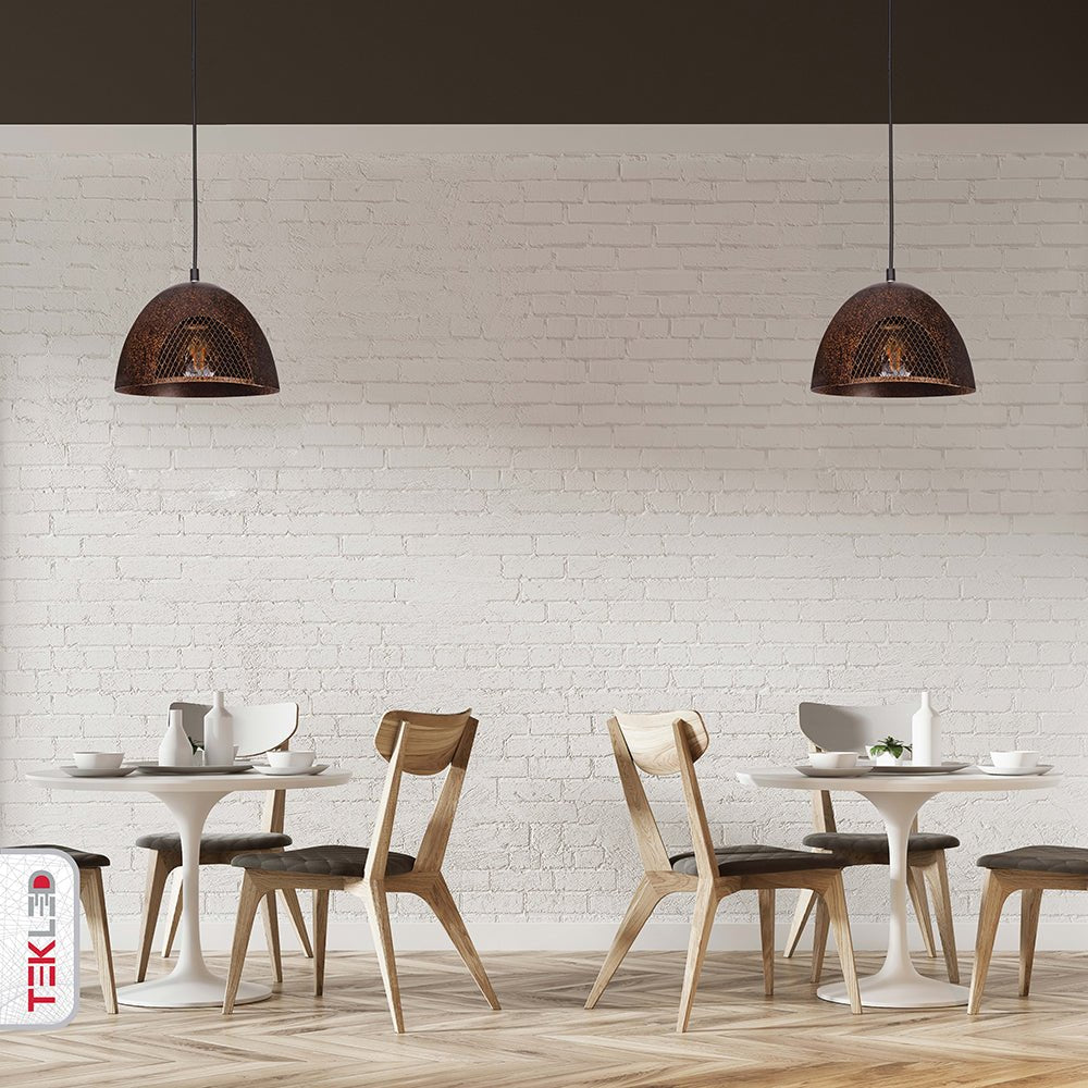Rusty brown metal dome pendant light s with e27 fitting in indoor setting cafe table top