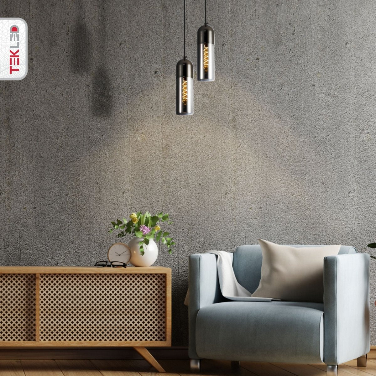 Smoky Glass Pearl Black Plated Top Cylinder Pendant Light E27 in indoor setting double usage at living room