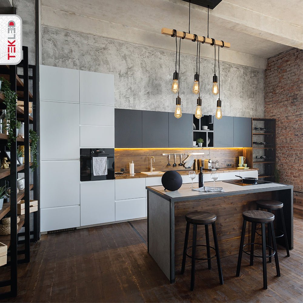 Timber wood rod dropping chandelier with 6xe27 fitting in indoor setting kitchen island