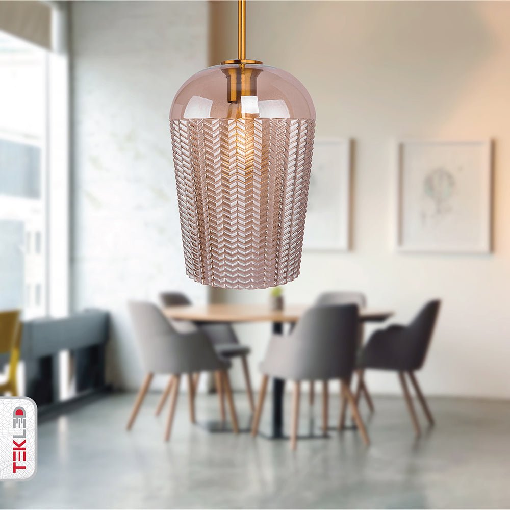 Amber glass schoolhouse pendant light with e27 fitting in indoor setting dining room