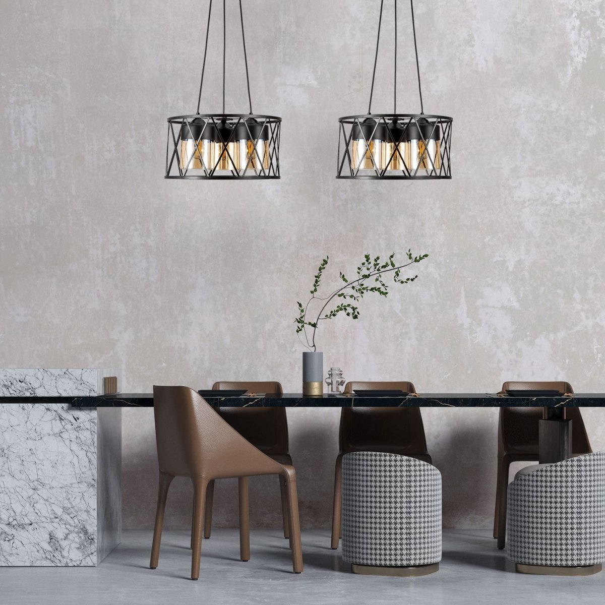 Black caged metal amber cylinder glass chandelier with 3xe27 fitting in indoor setting dining room