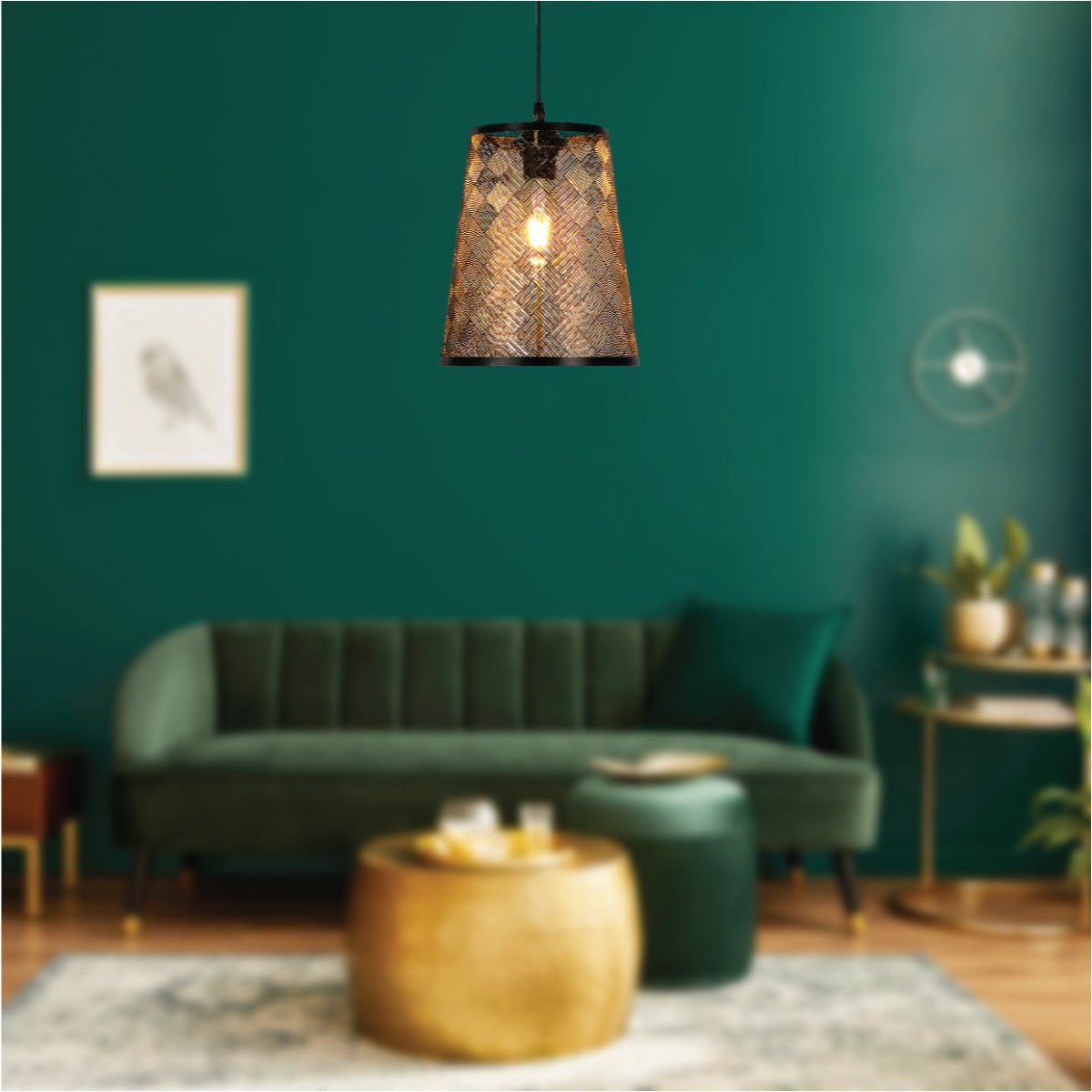 Indoor usage of Black-Golden Metal Frustum Pendant Ceiling Light with E27 | TEKLED 150-17986