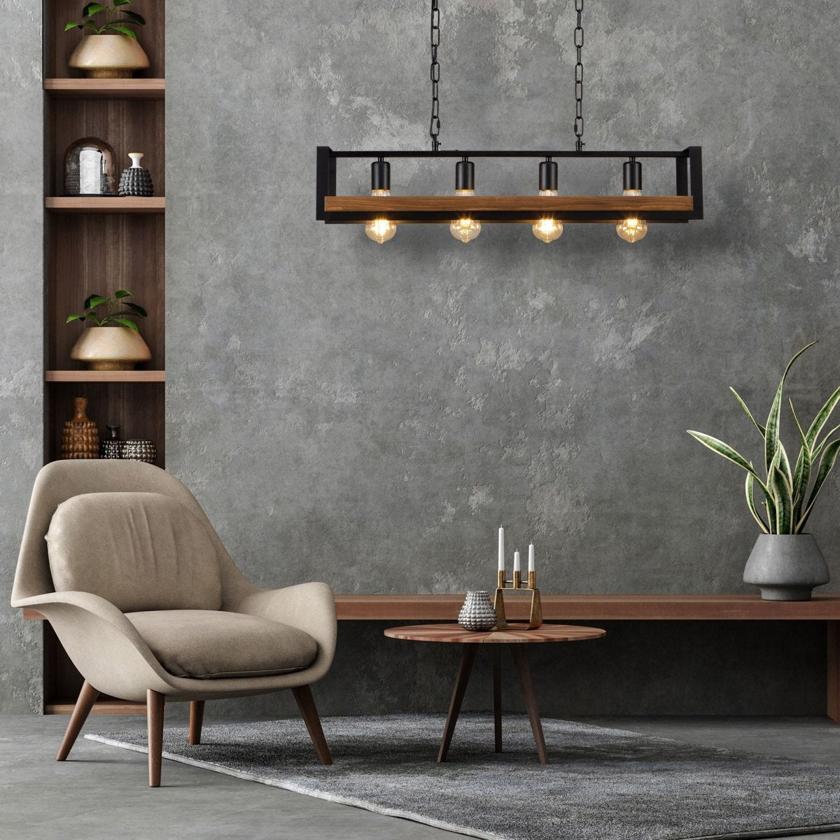 Black metal wood cuboid island chandelier with 4xe27 fitting in indoor setting 156-19520 living room