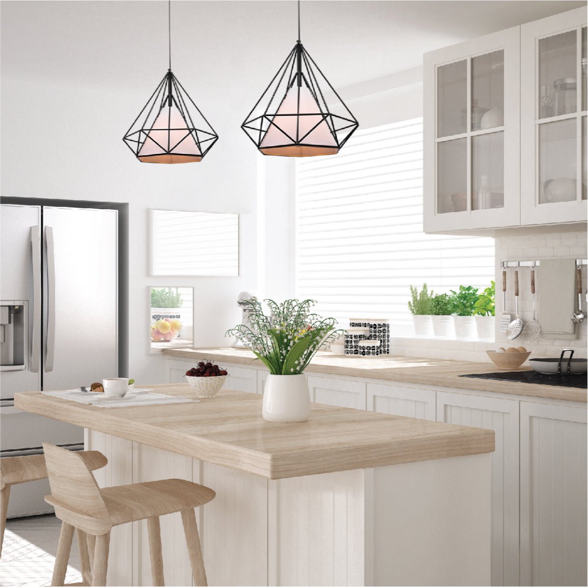 Indoor usage of Black Wire Opal Shade Caged Funnel Pendant Ceiling Light with E27 | TEKLED 150-17746