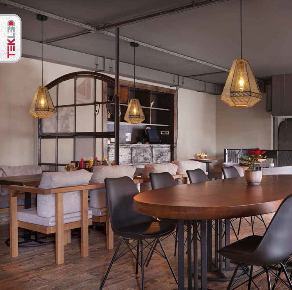 Golden metal polyhedral pendant light with e27 fitting in cafe restaurant