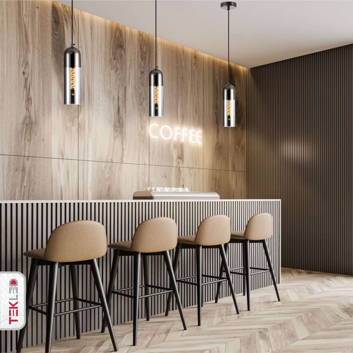 Smoky Glass Pearl Black Plated Top Cylinder Pendant Light E27 in indoor setting cafe bar top