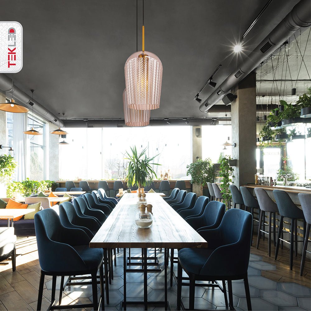 Amber glass schoolhouse pendant light with e27 fitting in indoor setting café restaurant