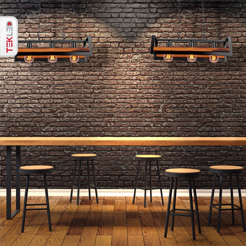 Black metal wood cuboid island chandelier with 3xe27 fitting in indoor setting bar cafe