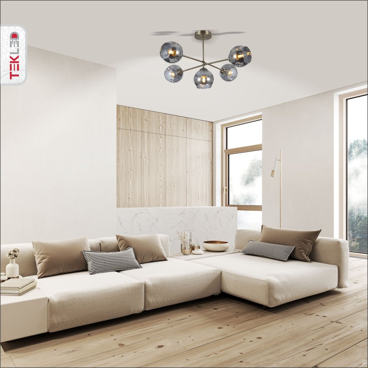 Clear Glass Dome Antique Brass Semi Flush Ceiling Light 5Xe27 in indoor setting living room