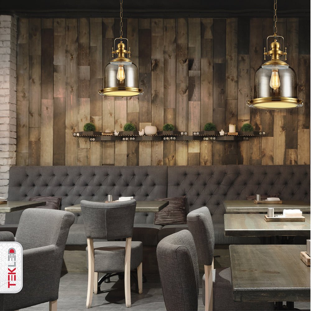 Golden bronze metal amber glass cylinder pendant light sealed with e27 fitting in indoor setting cafe restaurant