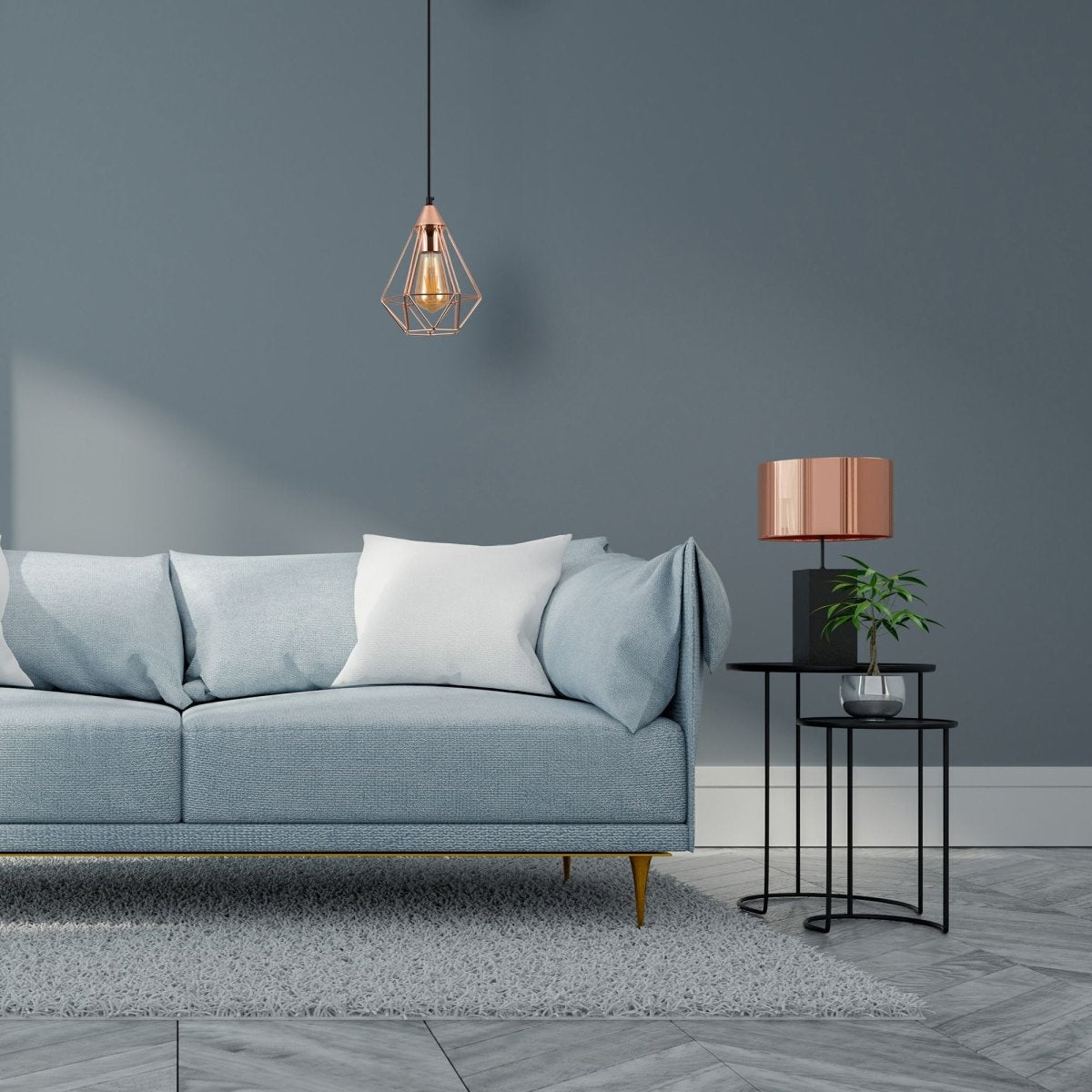 Rose gold metal cage pendant light s with e27 fitting in indoor living room