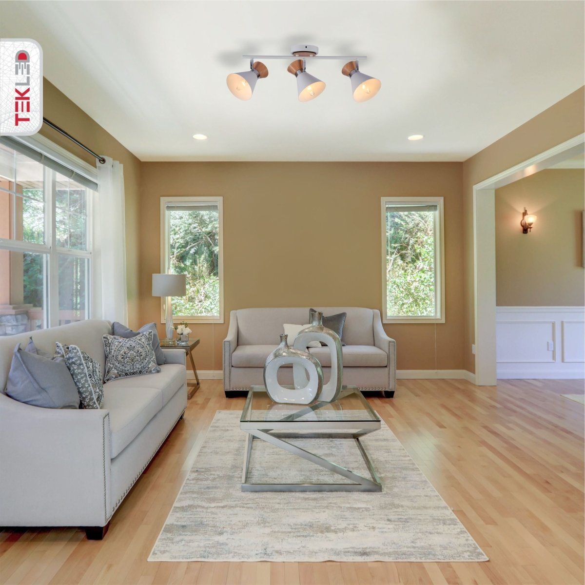 White Metal Wood Funnel Semi Flush Ceiling Light 3Xe14 in indoor setting living room