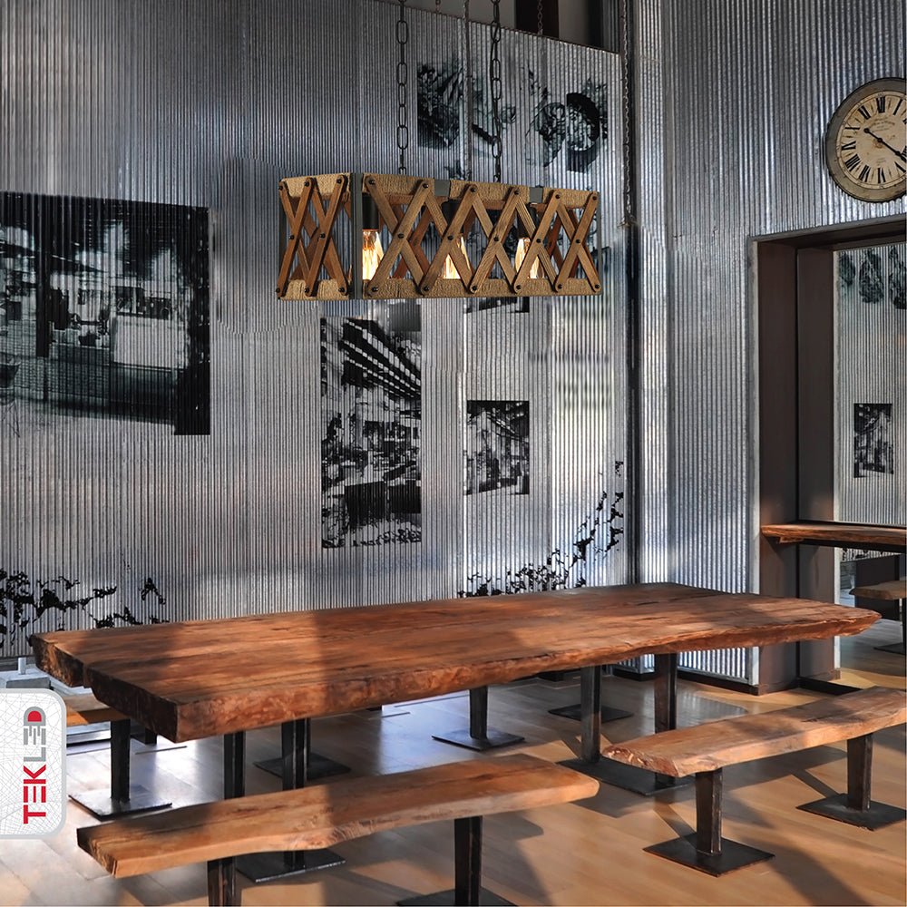 Wood black metal cuboid island chandelier with 3xe27 fitting in indoor setting cafe restaurant bar