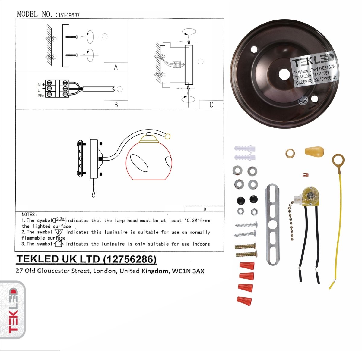 User manual and box content of amber glass black and antique brass wall light e27 and pull down switch