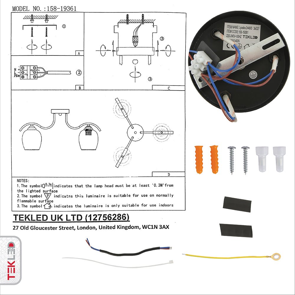 User manual and box content of amber glass black semi-flush ceiling light with 3xe27 fitting