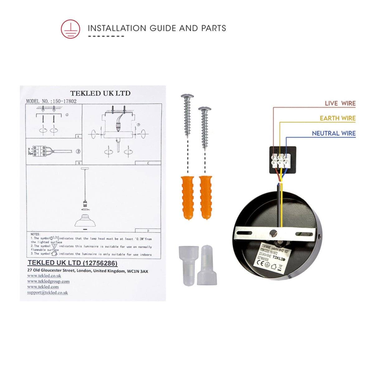 Installation guide showing the parts for the TEKLED UK LTD pendant light, including diagrams and fixings.