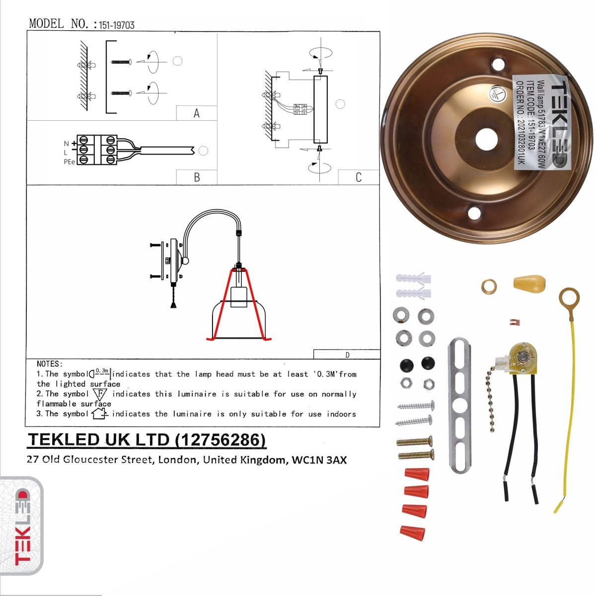 User manual and box content of amber glass pendant wall light e27 and pull down switch