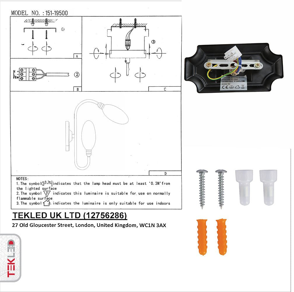 User manual and box content of Black Body Amber Glass Wall Light with 2xG9 Fitting