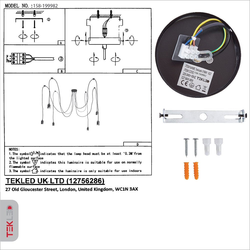 User manual and box content of black cord spider chandelier with 6xe27 fitting
