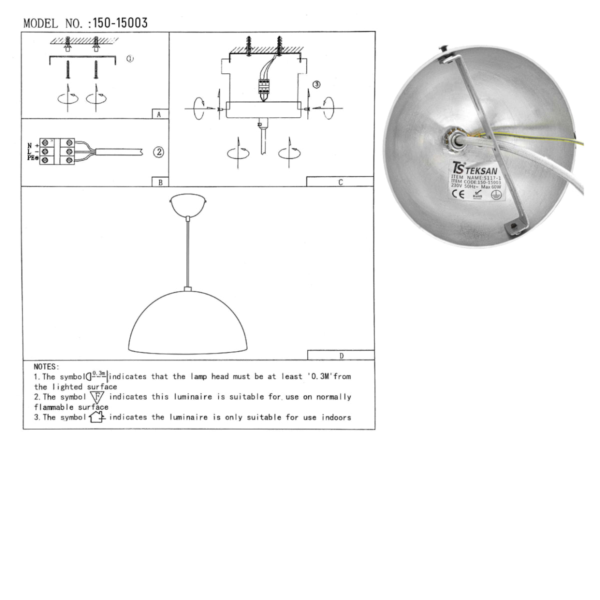 User manual for Black-Golden Metal Dome Pendant Ceiling Light with E27 | TEKLED 150-15003