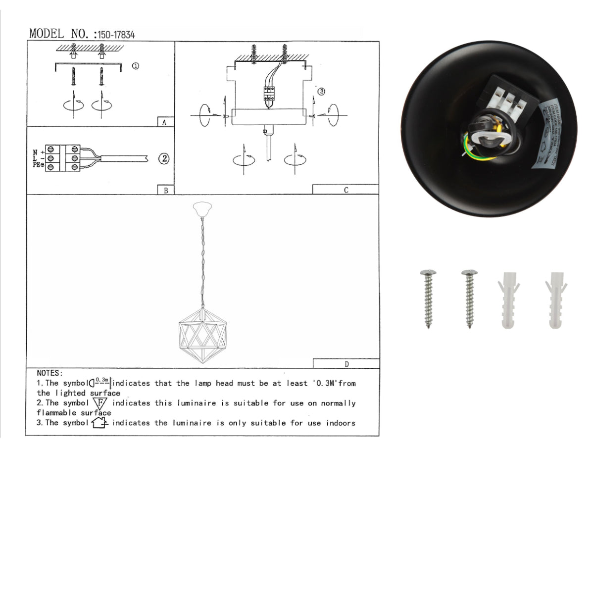 User manual for Black Metal Cage Polyhedral Pendant Ceiling Light with E27 | TEKLED 150-17834